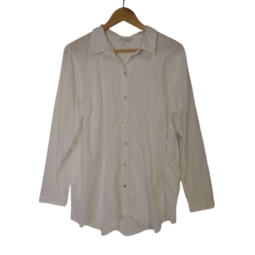 J Jill Shirt Women's XL White Button Up Embroidered Textured Cotton Blouse Top